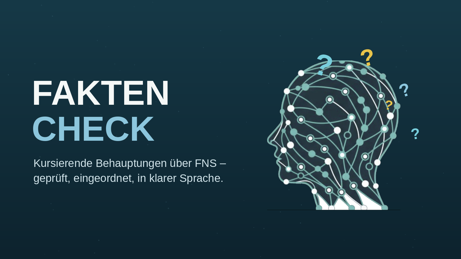Faktencheck von Netzwerk FNS – ein stilisierter Kopf mit Fragezeichen