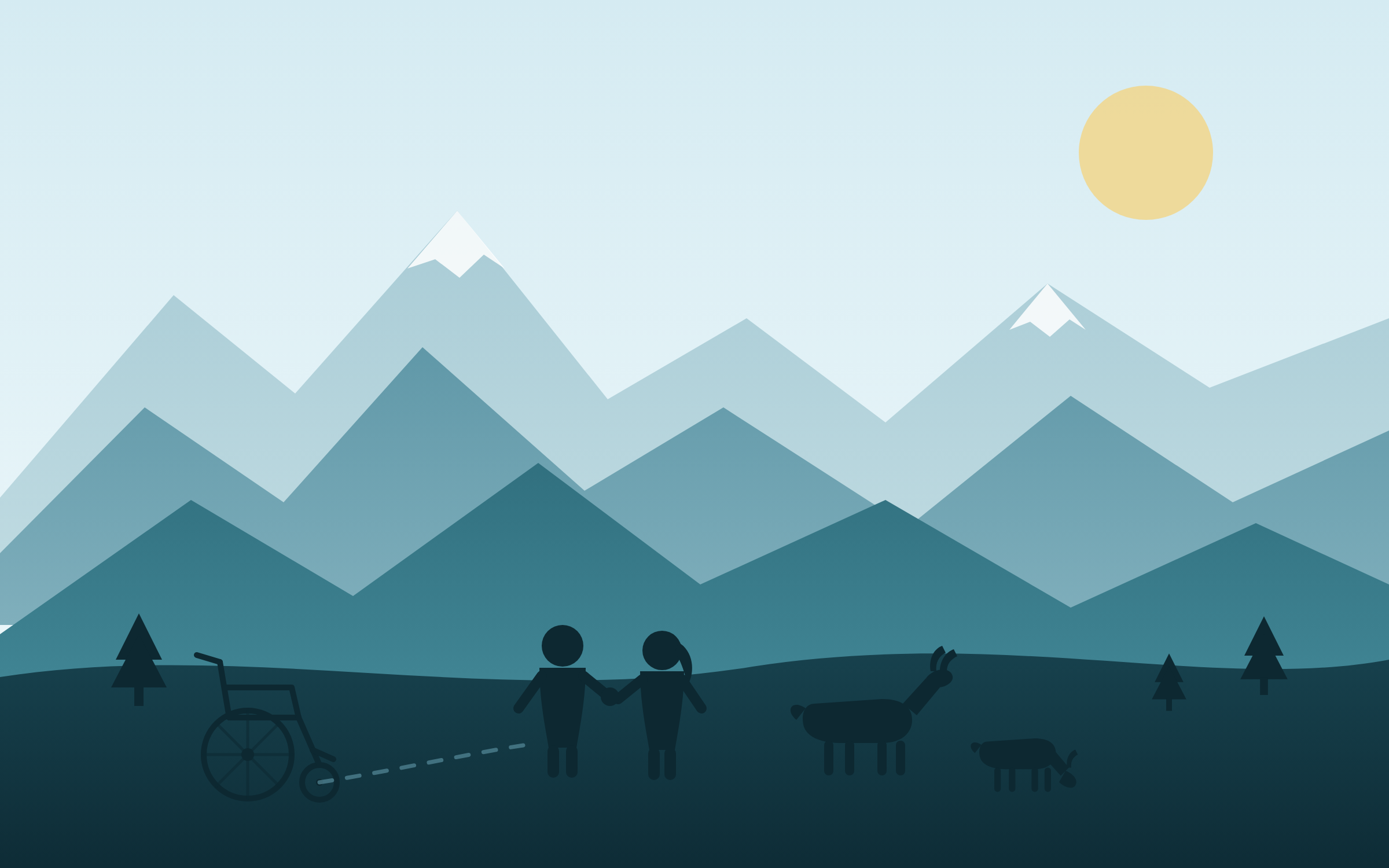 Illustration: Berglandschaft mit Sonne. Links steht ein leerer Rollstuhl im Gras, von dort führt eine gestrichelte Spur zu zwei Kindern, die Hand in Hand stehen. Rechts grasen zwei Ziegen.
