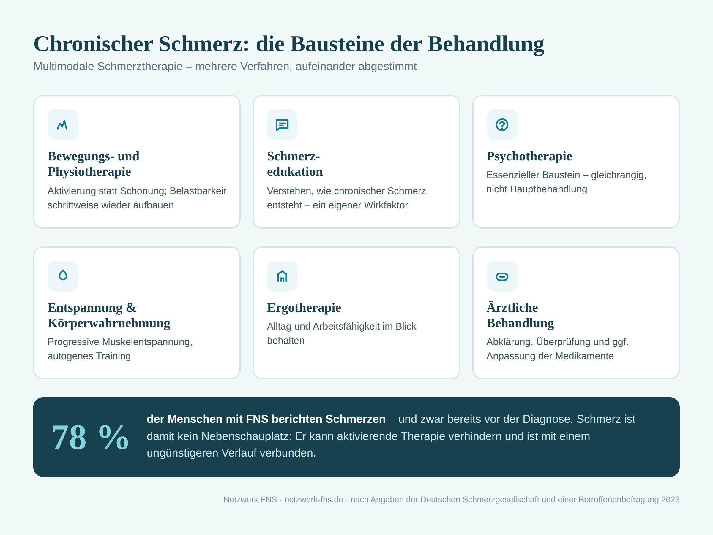 Übersicht der sechs Bausteine der multimodalen Schmerztherapie: Bewegungs- und Physiotherapie, Schmerzedukation, Psychotherapie, Entspannung und Körperwahrnehmung, Ergotherapie und ärztliche Behandlung. Darunter der Hinweis, dass 78 Prozent der Menschen mit FNS Schmerzen berichten.
