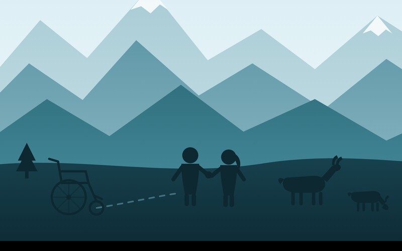 Berglandschaft mit leerem Rollstuhl, zwei Kindern und Ziegen