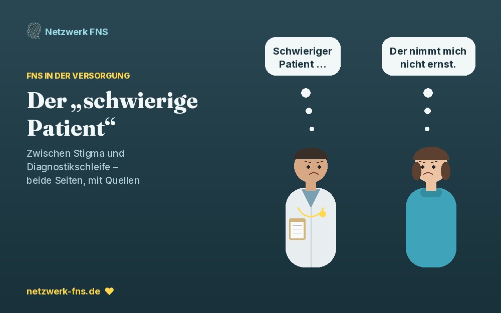 Zeichnung: eine &Auml;rztin denkt &bdquo;Schwieriger Patient&ldquo;, eine Patientin denkt &bdquo;Der nimmt mich nicht ernst&ldquo;
