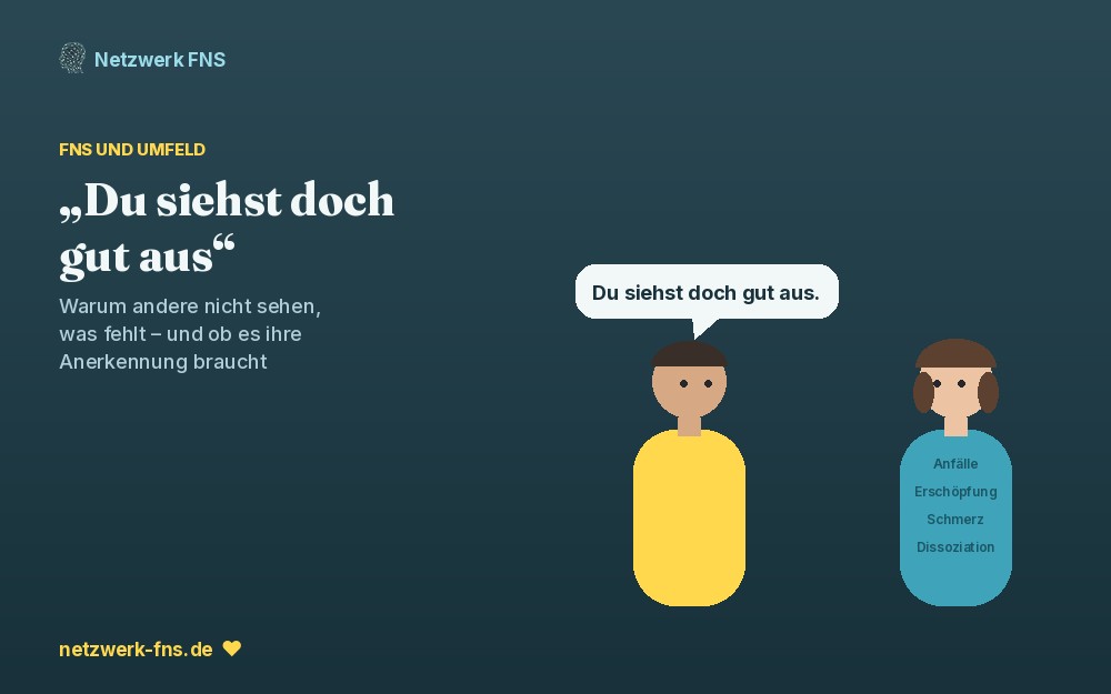 Zwei Personen im Gespr&auml;ch: &bdquo;Du siehst doch gut aus&ldquo; &ndash; bei der anderen stehen die Diagnosen unsichtbar im K&ouml;rper