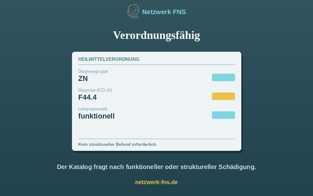 Ein Heilmittelrezept mit den Feldern Diagnosegruppe ZN, Diagnose F44.4 und Leitsymptomatik funktionell